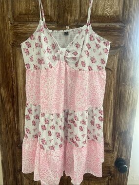 Pink Floral Tiered Mini Dress with Bow-Front Detail
